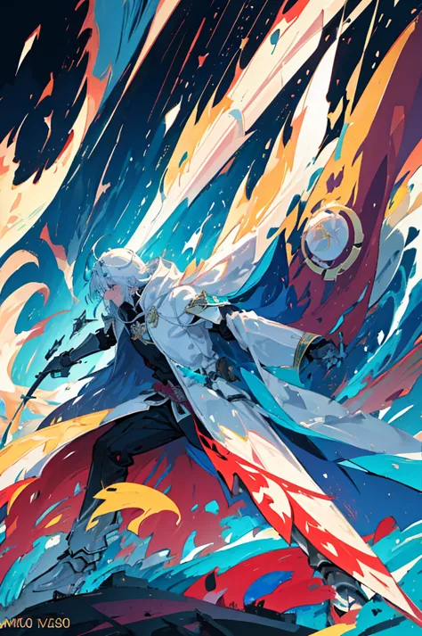 stained glass background,　kishi-v2,Alone ,1 robot 、 skillfully expresses the effects of light and shadow,  raising a sword to the sky ,　arms(With a long sword),　Dynamic movement、Battle scene with flames,Flames soar,Intense Combat