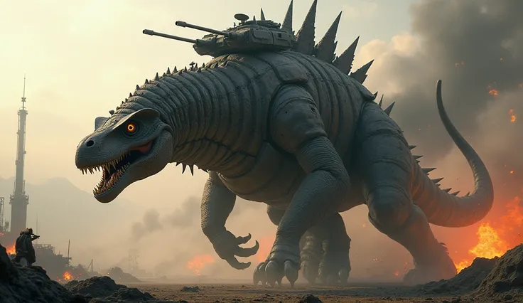 "Design a hybrid creature that seamlessly combines the features of a [tank] and a [dinosaur] into a single, monstrous, dangerous entity. The creature should have the massive, armored body of a tank, with the turret and cannons integrated into its back or s...