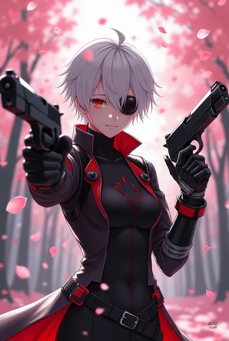 Anime male character, Use eye patch two pistols left arm mechanical, Red-toned eyes, black clothes,  red and white with mechanical details, with short white hair, Sakura petal with a falling background