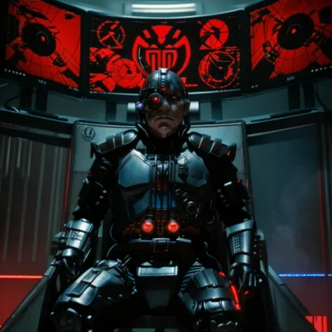 3d rendering,  actionfigure, cptpower, biodread, lord dread, black armour, helmet, red cyborg eye, sitting on throne, evil, comp...