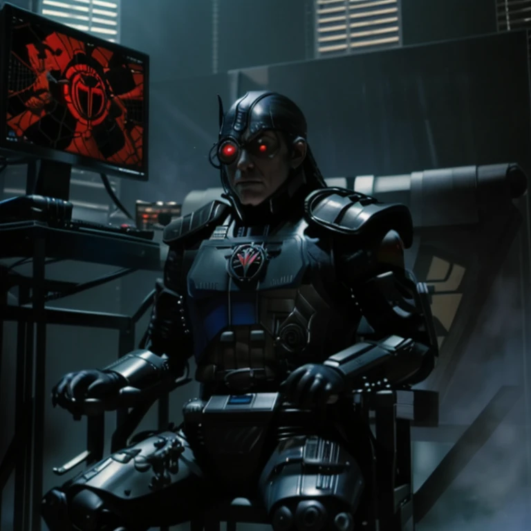 3d rendering,  actionfigure, cptpower, biodread, lord dread, black armour, helmet, red cyborg eye, sitting on throne, evil, comp...