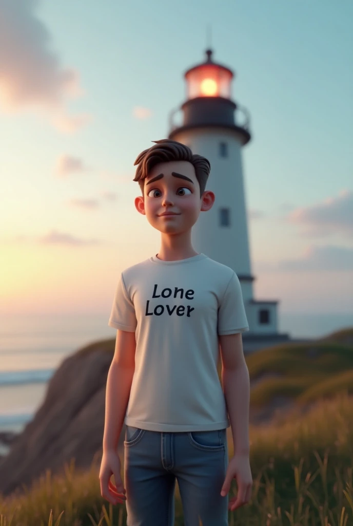 A 20-year-old boy stands in front of a lighthouse. The boy holds a t-shirt pen. The name Alone Lover is written on the t-shirt.3d art