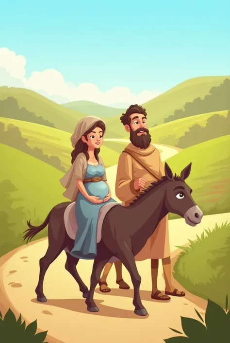 Create an image of the story of the birth of Jesus Mary pregnant sitting on the donkey and José on foot luxating the donkey in cartoon format 