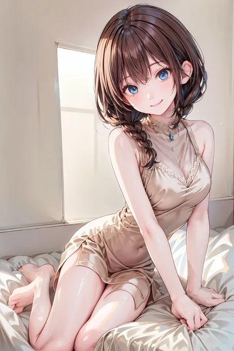 （adorable girl:1.3）、  happy face,winterの雰囲気、winter、sleeping in bed、before bed、shining night sky，brown hair， shortcuts， unkempt h...