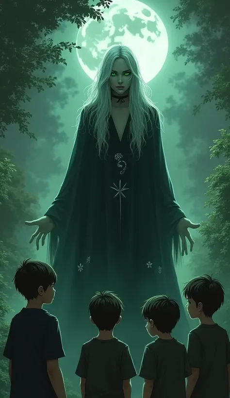 Create an image of the witch standing in front of Oliver, Sam, and Benny. Her silver hair flows like a ghostly banner around her, and her piercing green eyes are fixed on them. She stands tall and confident, dressed in a dark robe decorated with nature sym...