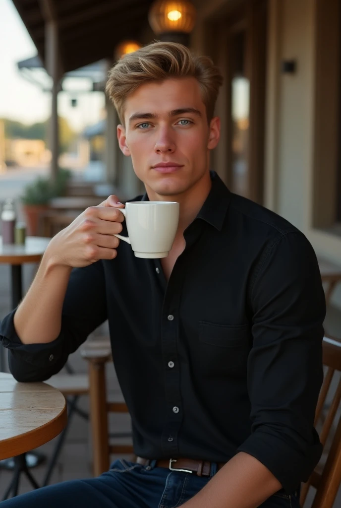 caucasusian mid teen man, blonde hair, black buttoned shirt and dark jeans, handsome, photorealistic, blue eyes, black hair, sitting relaxed at the outside of rural town restaurant with a cup of coffee , realistic, highly detailed, 8k, masterpiece,
