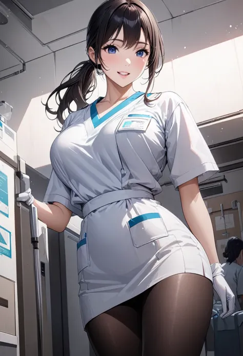 beautiful girl 、age 30、best quality、ultra-precision、detailed drawing、hospital、white doctor clothes 、 blue v-neck shirt 、white sk...