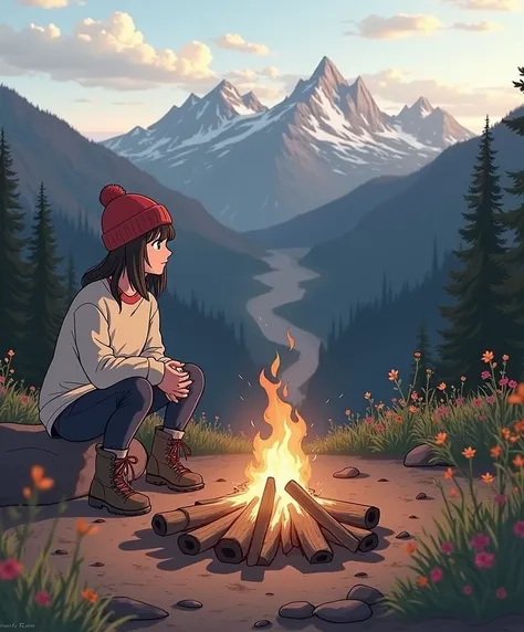 Hi. I need you to take a picture of a man on a hike. The girl is sitting alone by the fire looking at the mountains. The girl is wearing a sweatshirt, jeans, boots and a hat. The nature around should be colorful and beautiful. 