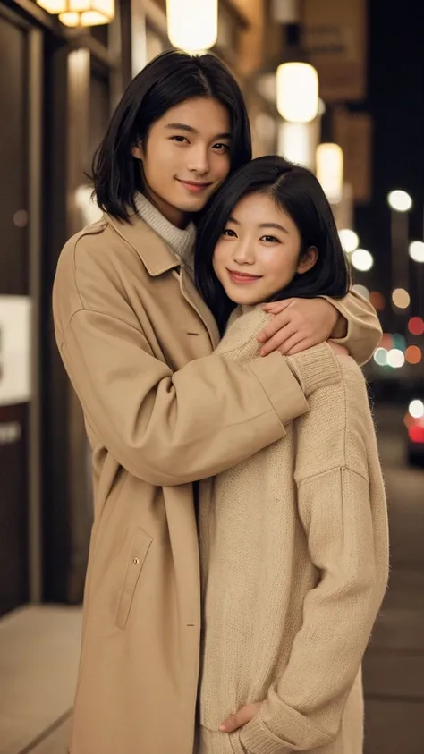 A realistic illustration of a beautiful young Japanese couple standing together in a cozy, romantic city at night. The man has a clean, attractive appearance with short, slightly wavy black hair, dressed in a stylish light beige trench coat over a dark shi...