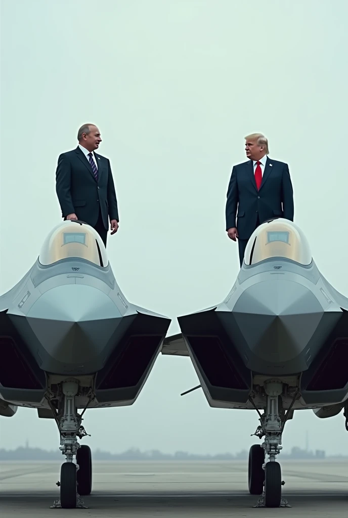 Vladmir Putin standing on Su 57 pakfa fighter jet and Donald Trump standing on F22 raptor fighter jet differently looking at eachother. Make the colour of each jet recognisable