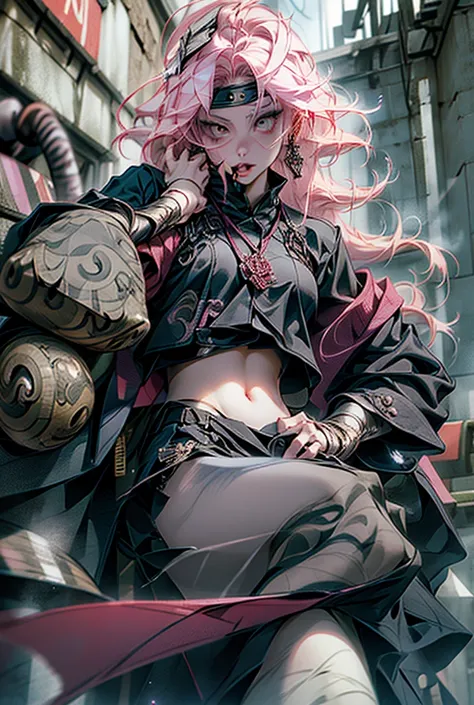 Dark Labyrinth 、 1 girl, solo,  high quality,  pink hair, chest, navel, Dragon and Girl Merge、chestを爪で握る、 Black Horned Helmet 、Blindfold、