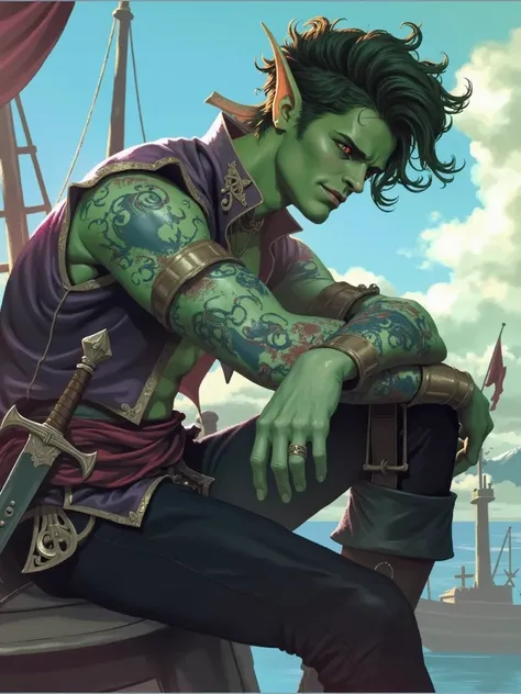 Imagine in the style of a Caravaggio and Michelangelo style painting. Utilize a magical, fantasy-like colour palette, with a focus on royal purple and gold. Angled up and looking down, a handsome, brooding 19 male orc that has a lean-muscular body with lig...