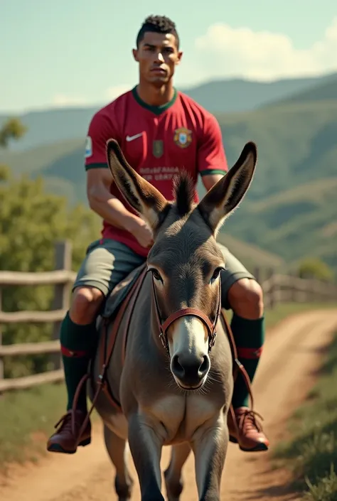 Cristiano Ronaldo rides on the donkey and it is a realistic picture 