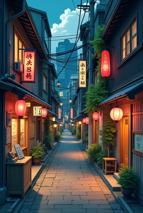  The image portrays an urban scene in Tokyo during the 20th century ,  focusing on narrow and fascinating alleys ,  filled with warm and colorful lighting .  These alleys are full of life with small lanterns , store signs ,  and elements Modern ones that m...