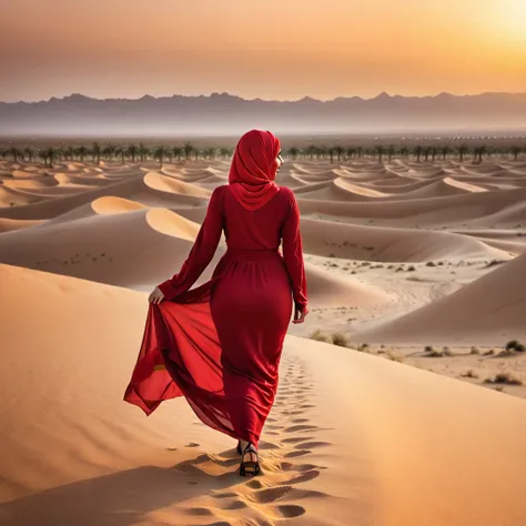  Arab woman wearing red hijab,  red dress ,  big boobs, curved, clavicle, Huge breasts,  big ass,  walking in the desert at sunset
