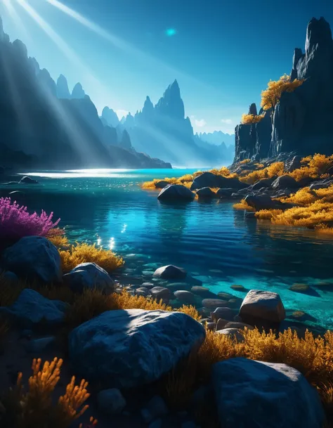 glowing in the sunlight, a stunning blue natural scene, glowing detailed realistic landscape, epic dramatic lighting, vivid colors, cristal lights photorealistic, masterpiece, 8k, hyper-detailed, volumetric lighting, cinematic composition, dramatic atmosph...