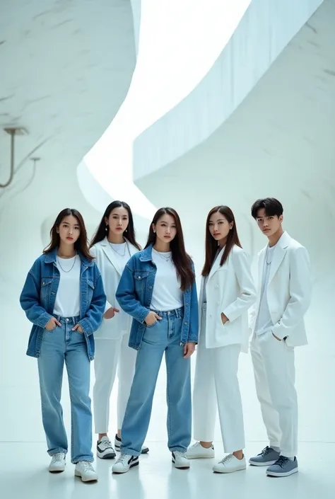  five Korean beauties wearing white t-shirts  ,, blue jeans jacket ,,blue jeans ,,Jordan shoes white blue dann five handsome guys wearing white t-shirts  ,,white jacket ,, white pants ,, Jordan shoes standing in front of sirquit balab looking behind jln me...