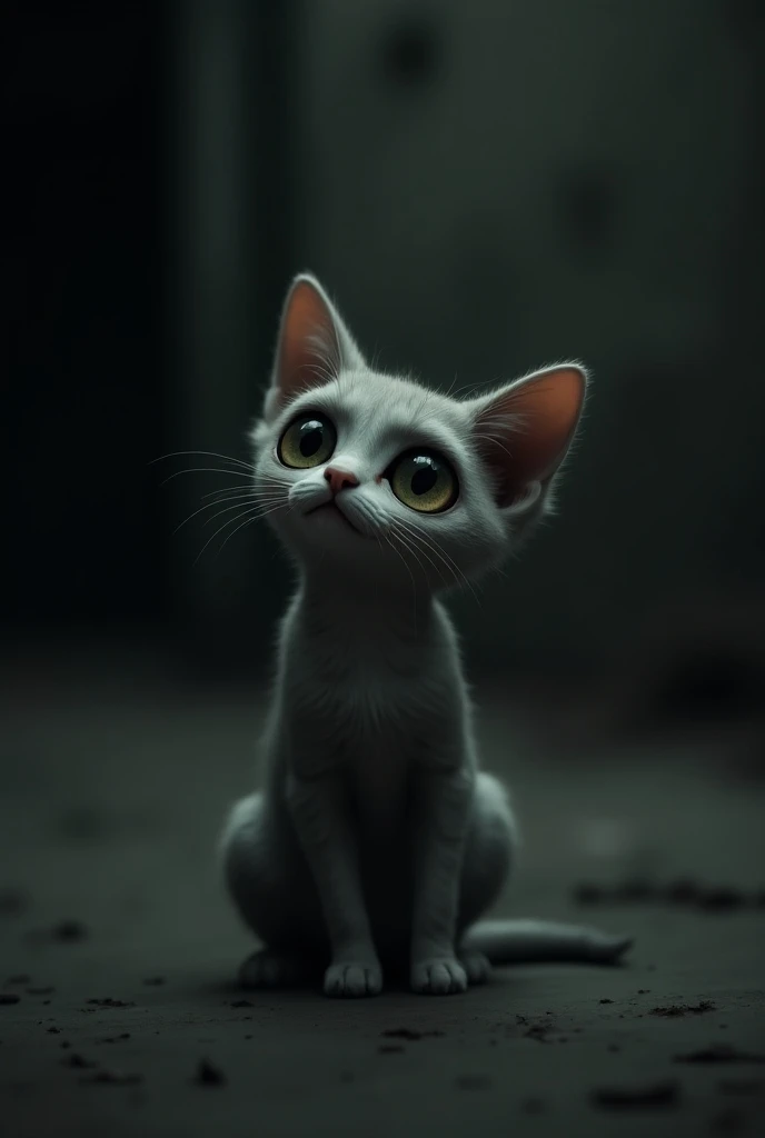 "A sad, lonely cat with big, expressive eyes looking up, as if waiting for someone to take it home."