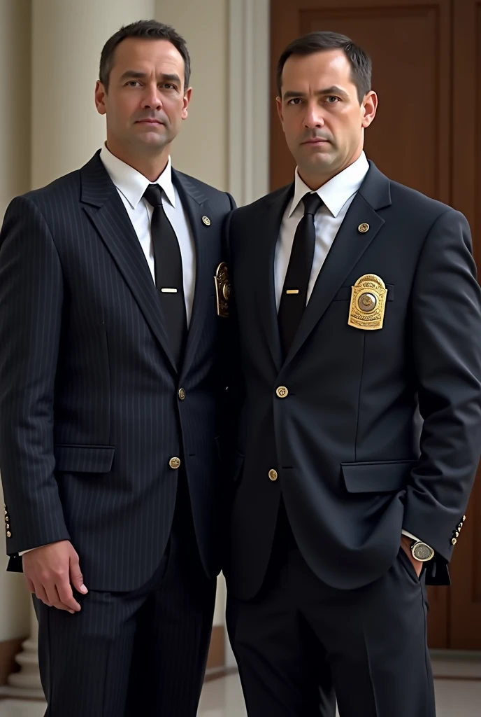 Two men are standing with badges in classic suits