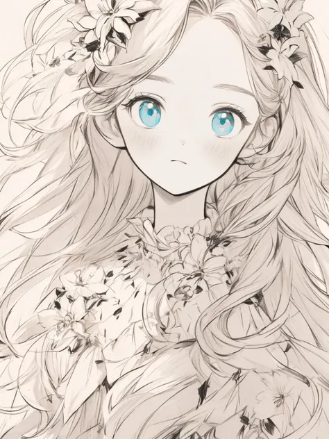 Absurd, masterpiece, Best Quality,  bright color, Woman with beautiful face , Beautiful Hair ,  webtoon characters , anime eyes,  dress, White background、sketch、There is a lot of white space, Flower Hair Ornaments