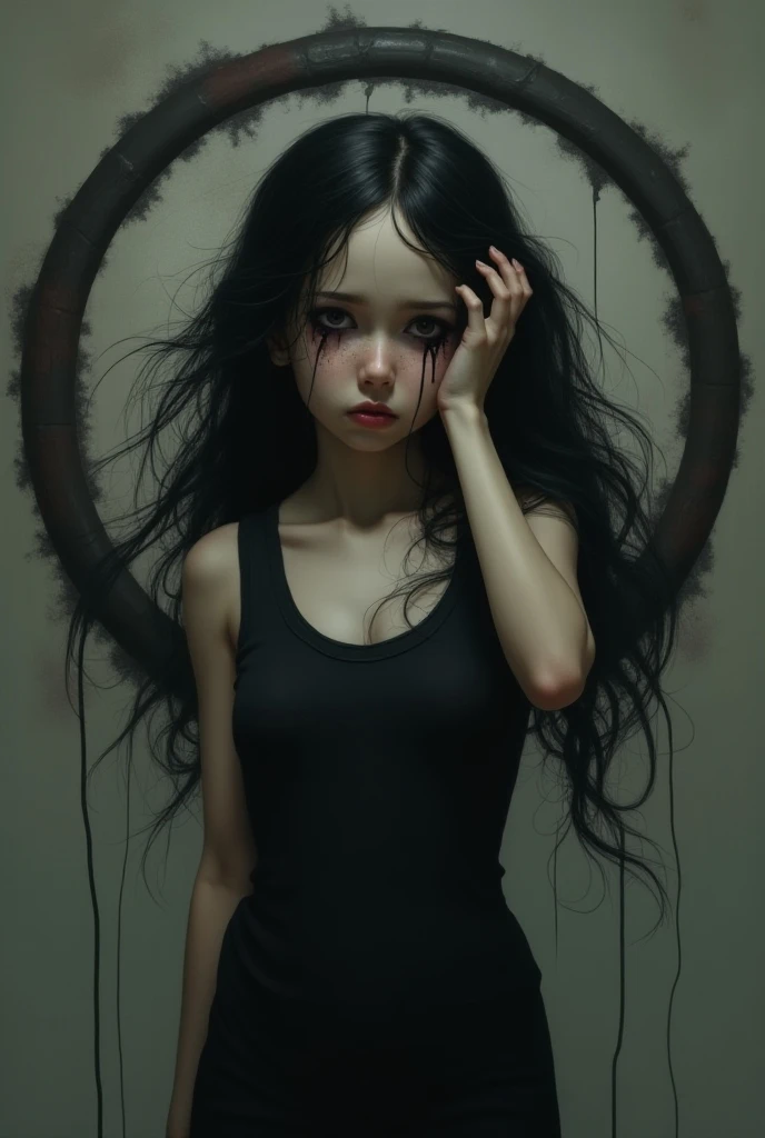 Art imagesBest quality , masterpiece, ultra high res, Realistic lighting,  masterpiece : , Beautiful portrait of a young tha girl with a sad, pale face with tears smeared on her cheeks. She puts her hands on her hair. 4k quality images, fantasy images, abs...