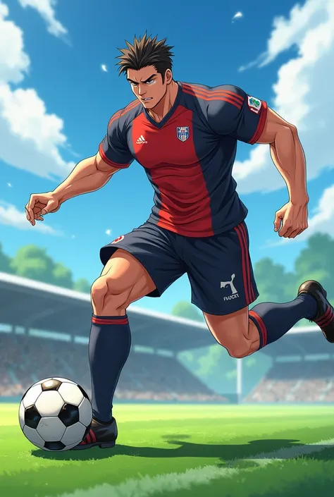 A famous male anime character playing football