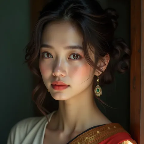 A woman wearing a Thai dress has a look. The eyes are big, round and shiny, like half a drop of water.