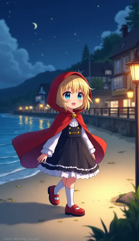 masterpiece, Best Quality,  high resolution on down,  very detailed,(((Cute blonde girl))), ((( Japanese Anime ))), ((( short hair))), (((Little Red Riding Hood))), (((Black and white knee-high ))), (((Red Shoes))), (((Around town))), (((night))), ((( sand...