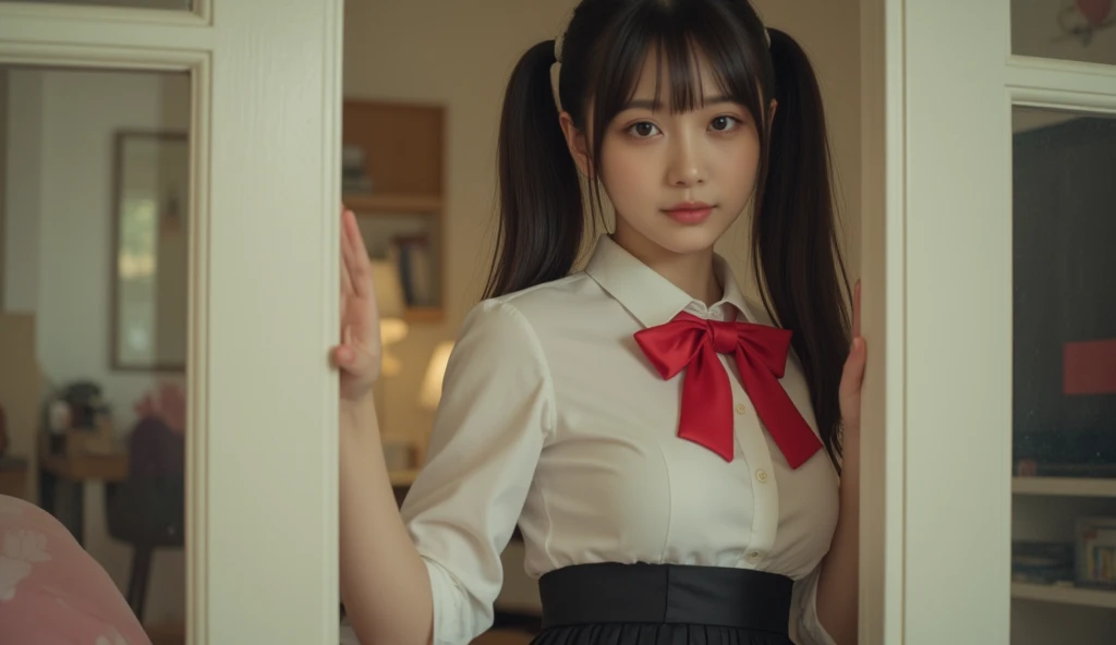 Hyperrealism，Take a close-up shot of a girl opening the door from the door，She looked at the screen， an 18-year-old young girl with double ponytails， in the living room corner ，Big breasts， in a white shirt ，Red bowtie， black pleated skirt ，Shes a dumb 。Fi...