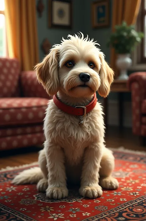 A white crusty dog with red collar sitting on red persian carpet in livingroon 