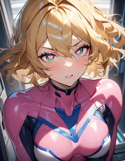  1 girl, Samus Alan,Alone,green eyes, blond hair,Zero Suit,pink bodysuit,,Heart-shaped pupil,Heart shaped eyes,science fiction,Super detailed, sharp concentration,Midea,(Best Quality)