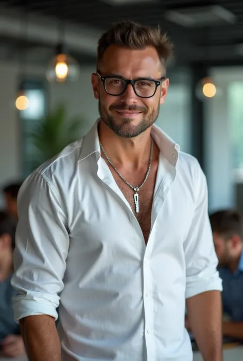 Man 40 years old, white long sleeve shirt rolled up BUT CLOSED BOTONS , RED EYES, EVIL SMILE glasses latest model , Caucasian, very attractive,  very muscular physique , SILVER NECKLACE,  background an office table with a group of people ROUND HIM like a w...