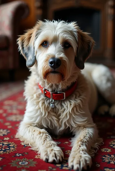 A white crusty dog with red collar sitting on red persian carpet in livingroon, photo taken from above the dog 