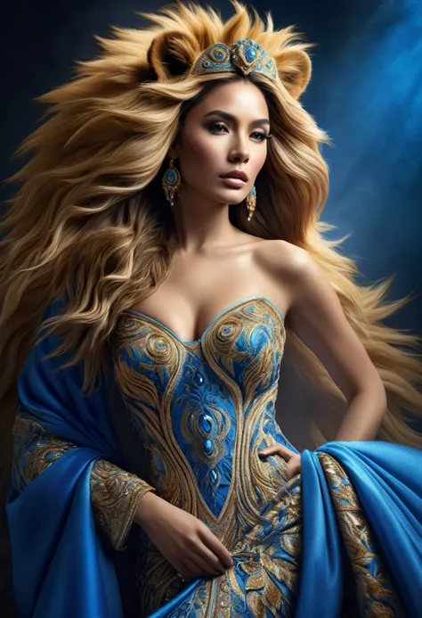 Create a hyper-realistic image of a beautiful woman wearing an elaborate gown made entirely of lion-inspired materials. The dress should seamlessly incorporate the lions rich, golden mane as the upper part, transitioning into layers of flowing fabric that ...