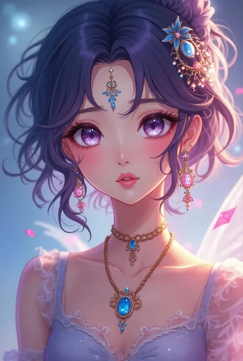 Fairy beauty, manhwa style, a lot of details, good detailing, beautiful makeup, jewelry, crystal and precious stone jewelry, anime eyelashes, full lips, serene expression, cover manga, different colors in clothes, stylish looks, outer space, full view, var...