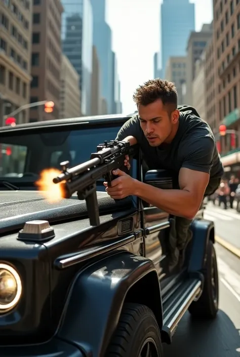 A man driving G wagon in city holding a machine gun in hand out of window driving seat  side angle view