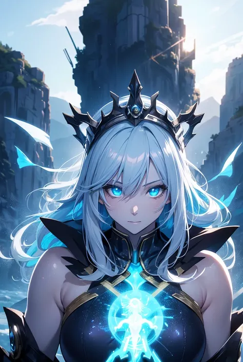 Anime girl, score 9, score 8 up, score 7 up, (source pony: 1.0), beautiful translucent goddess of the afterlife, (glowing translucent skin: 1.3), silver-blue hair, golden crown, black dress, rocky mountain background, (dynamic lighting: 1.1), (detailed mar...