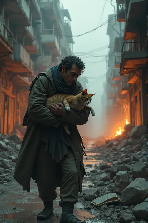  A poor  in old torn clothes with a cat in his hands, crying, walks down the ruined street, in the background of a broken and burning city .