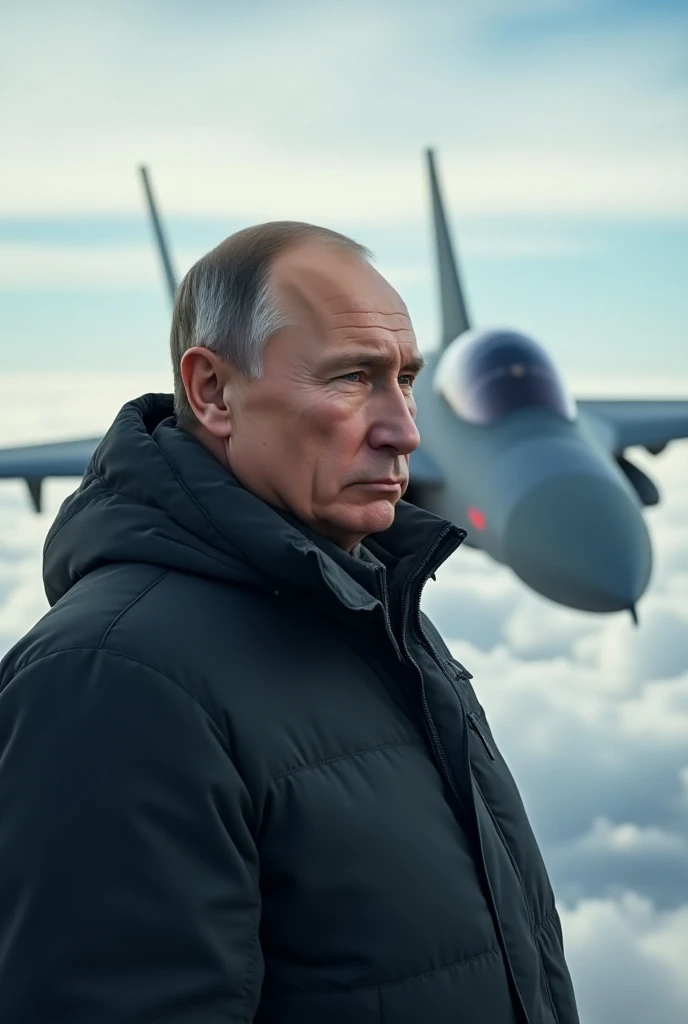 Vladmir Putin standing on Su 57 pakfa fighter jet in the sky looking leftside