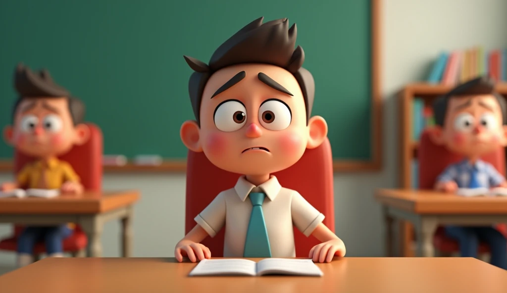  sitting in teachers chair, looking worried. 3D cartoon 