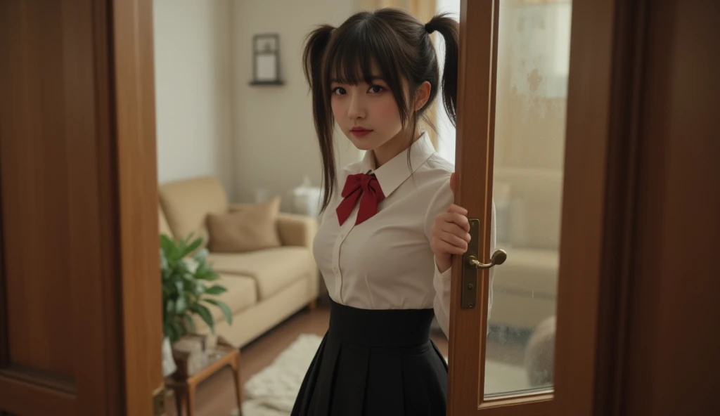 Hyperrealism，Take a close-up shot of a girl opening the door from the door，She looked at the screen， an 18-year-old young girl with double ponytails， in the living room corner ，Big breasts， in a white shirt ，Red bowtie， black pleated skirt ，Shes a dumb 。ev...