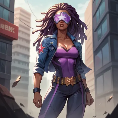  masterpiece ,  best quality ,  ultra high resolution ,  realistic skin texture, comics style, 4k image, beautiful,  an African-American girl , dreadlocks, belt, Alone, long hair, purple eyes,  superhero visor  , breasts,  looking at the spectator, purple ...