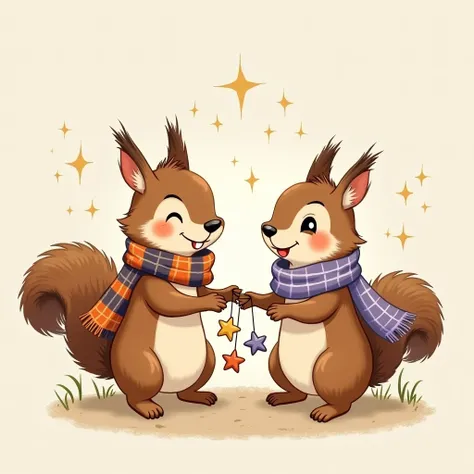 Create a charming, rustic-style illustration of two cartoon squirrels arranging a garland of stars. The squirrels wear cozy, patchwork scarves—one with an orange and blue plaid pattern, the other in purple and white. Both squirrels have pointed ears, bushy...