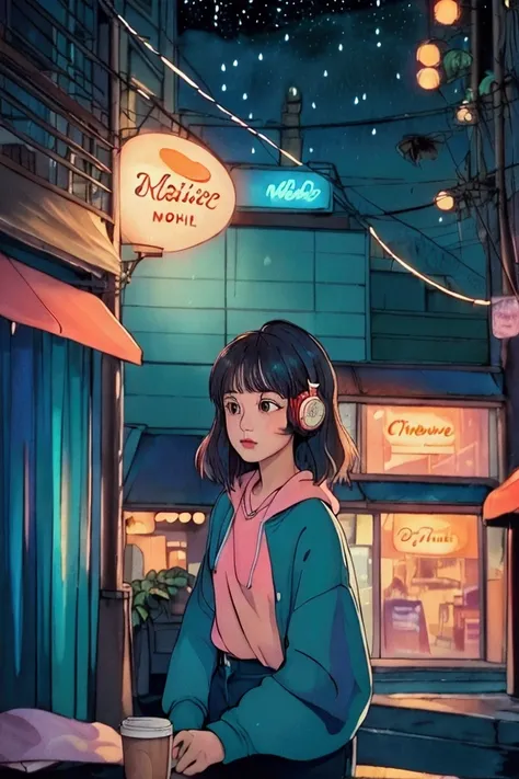  parallel world、Coffee shop、 dream,   Night Lighting ,  Neon Scenery on a Rainy Day ,  Analog Color Themes ,  Lofi Hip-Hop  , retrospective exhibition, flat, 2.5D ,Draw a line, Ink drawing, Large incline,  Watercolor , Goosh Colors, Ghibli style, Great col...