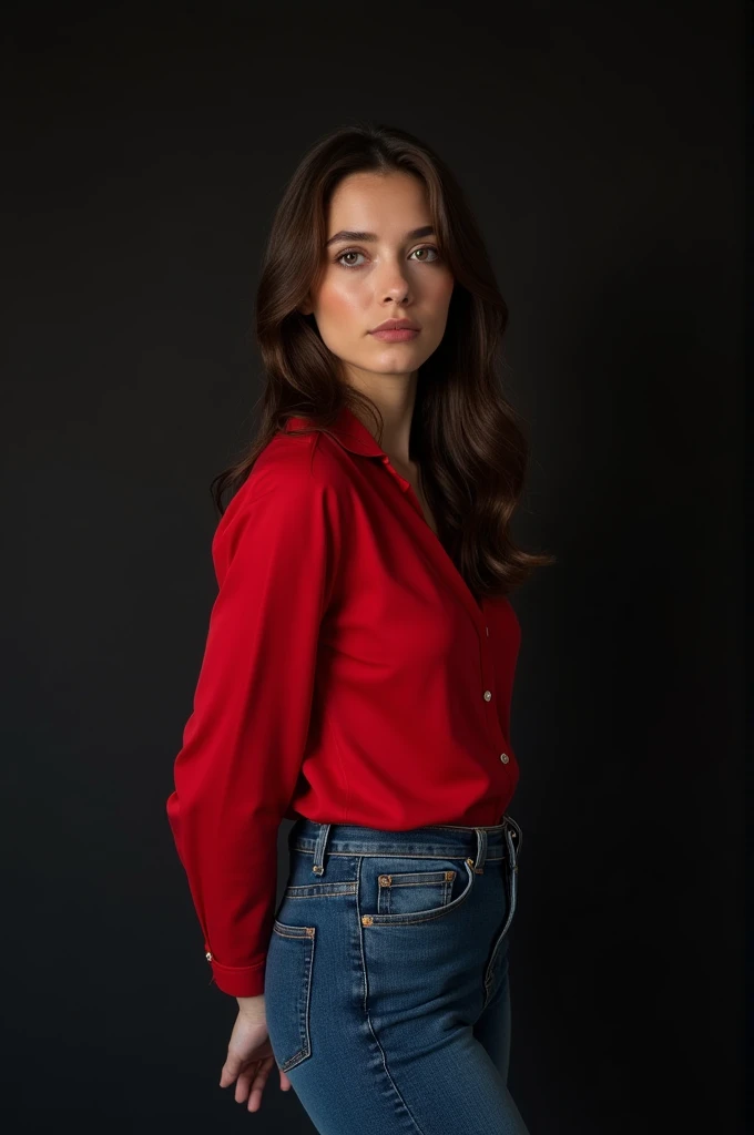    on Black shirt and blue jeans a girl  in red dress 