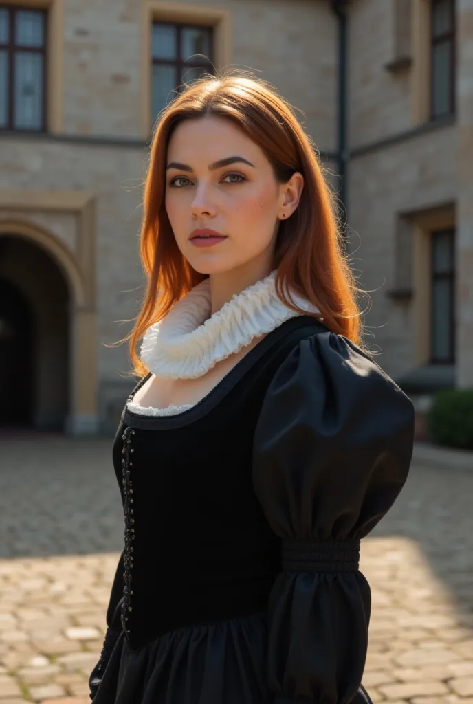 photorealistic, cinematic style, a picture of a beautiful british woman standing in the courtyard of a elizabethan manorhouse. c...