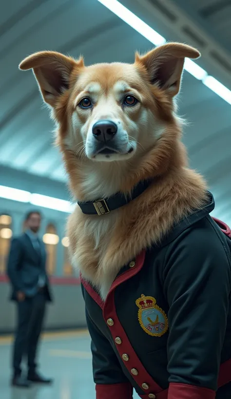 The 2024s photo is a close-up 16k image of(dog)((Giant):1.3)It was very large in the middle of the train station, so big that it could hold the cabinet, fat to the side walls, tall to the ceiling. ,There was someone in an officers suit standing next to , T...