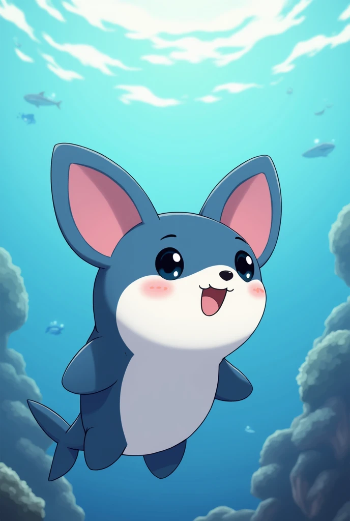 anime, cute, shark with dog ears, bigger ears, rounder ears, 2 ears perked up,  more japanese anime color, dog nose, shark tail, darker blue 