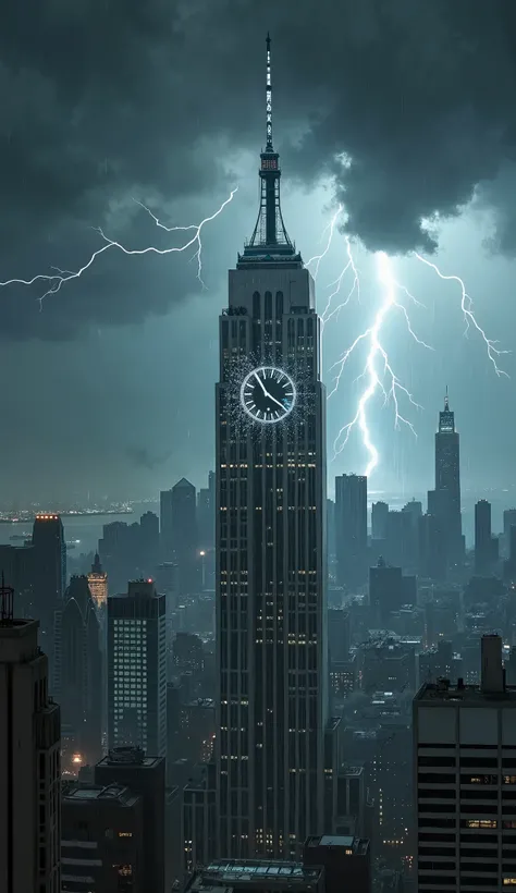 A stormy, apocalyptic scene over New York City, with thick, black clouds swirling ominously above Trump Tower. Bolts of lightning strike the building, illuminating the scene in harsh, white flashes. The tower’s glass windows reflect the chaotic sky, and ra...