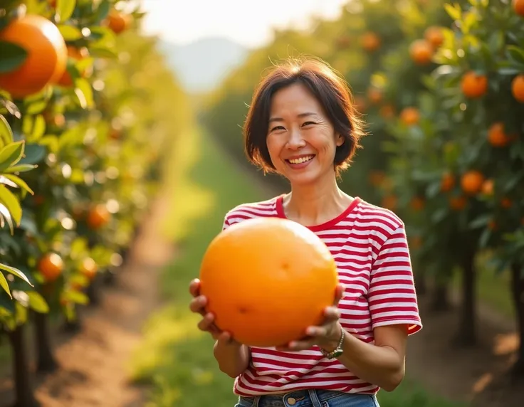 Real scene shooting, bright and clear. In the photo, a 50-year-old cheerful lady from Taiwan, wearing a red and white horizontal striped shirt and blue jeans, holds a large orange in both hands (close-up). The orange is so big that it takes up half of the ...